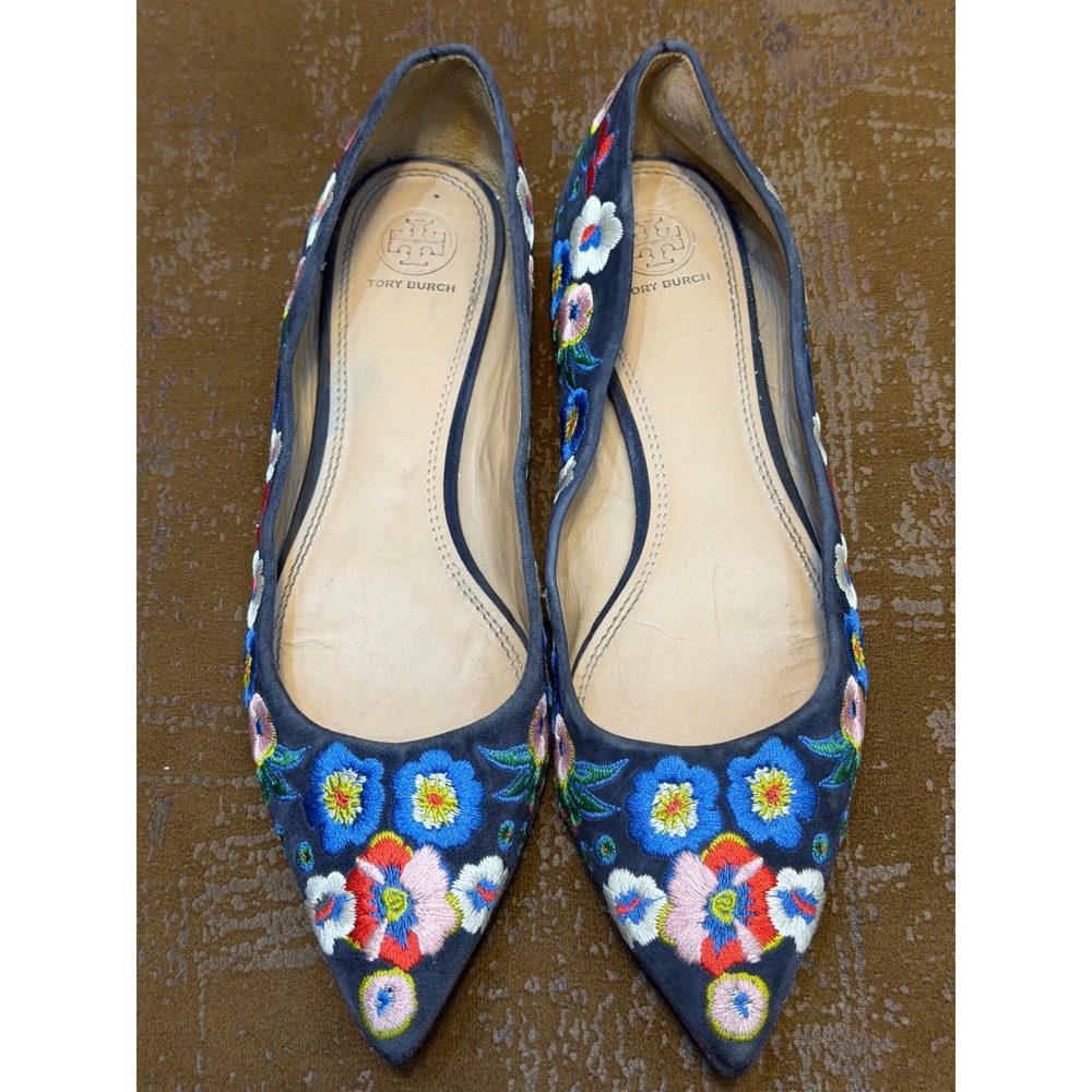 Tory Burch Gigi Navy Blue Suede Floral Embroidered Pointed Toe Flats 10M